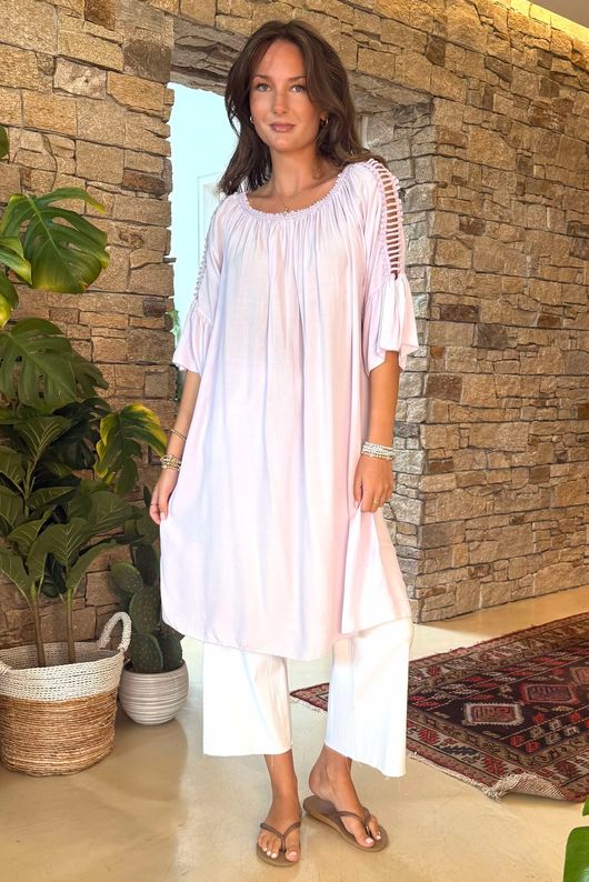 Made in Italy Menorcan Crochet Shoulder Dress Soft Lilac /5 =